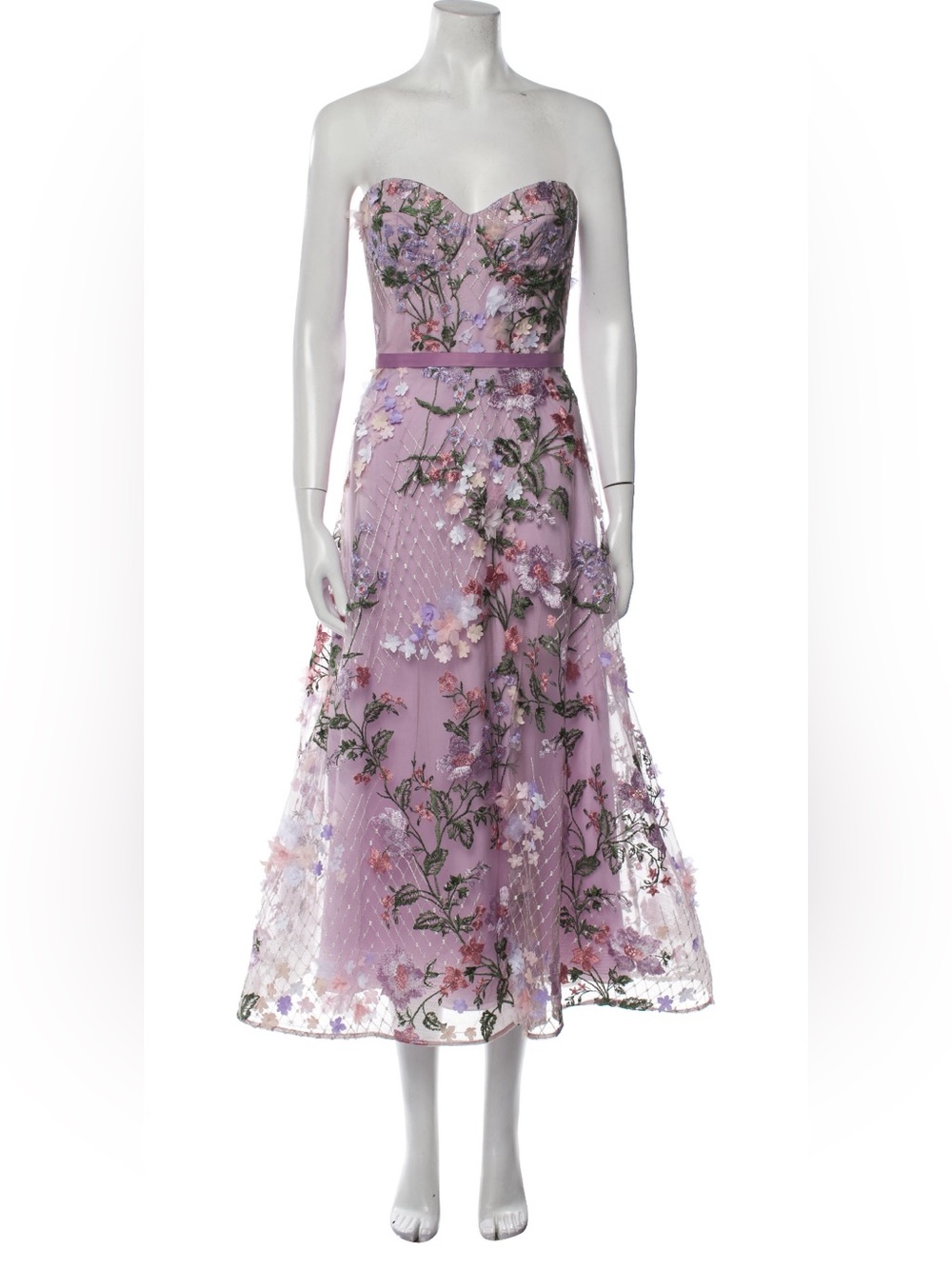 Marchesa Lavender Floral Embroidered Midi Dress